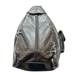 Unisex‎ Black Faux Leather Sling Crossbody Backpack Adj Straps travel vegan EUC